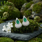 925 Sterling Silver Elegant Pear-Cut Emerald and Diamond Halo Teardrop Earrings with Shimmering Pavé Accents NP Collection