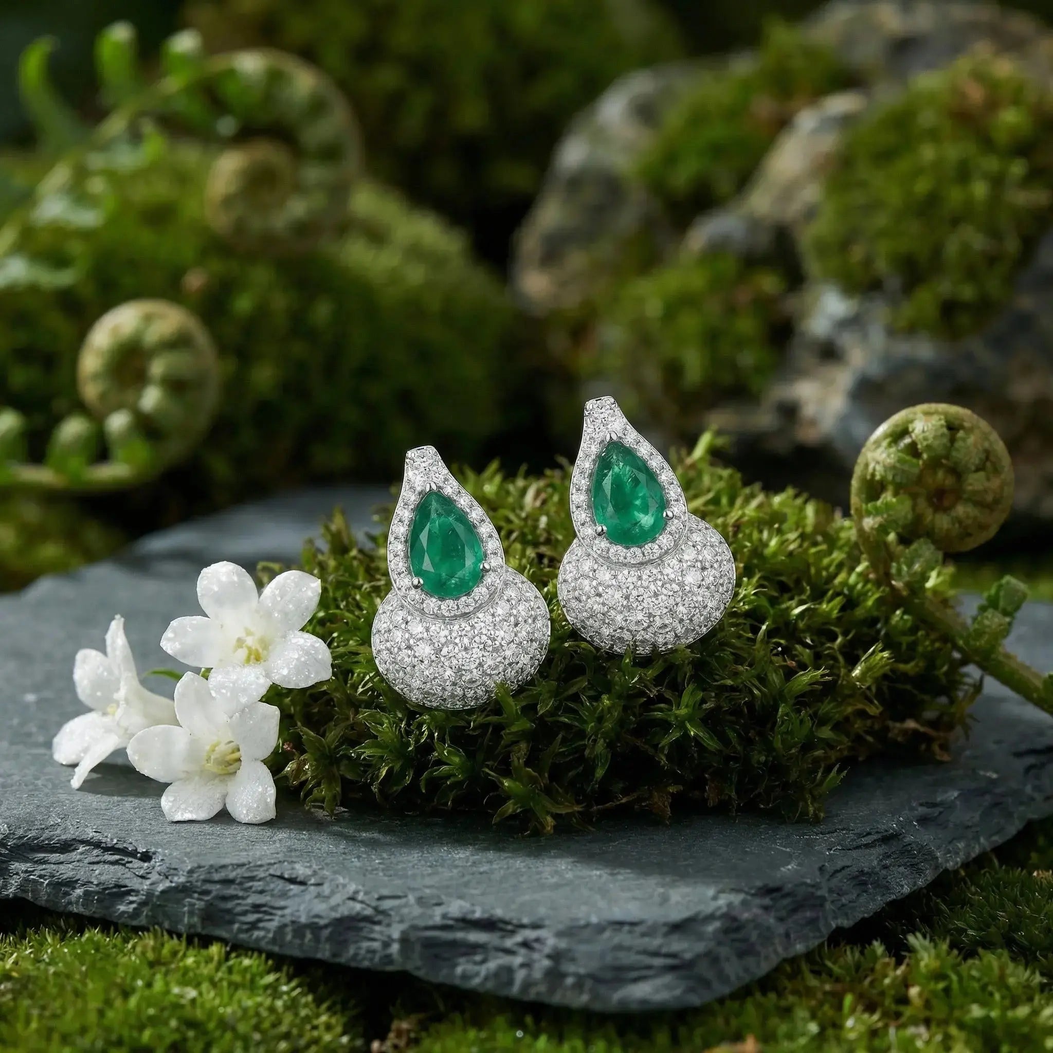 925 Sterling Silver Elegant Pear-Cut Emerald and Diamond Halo Teardrop Earrings with Shimmering Pavé Accents NP Collection