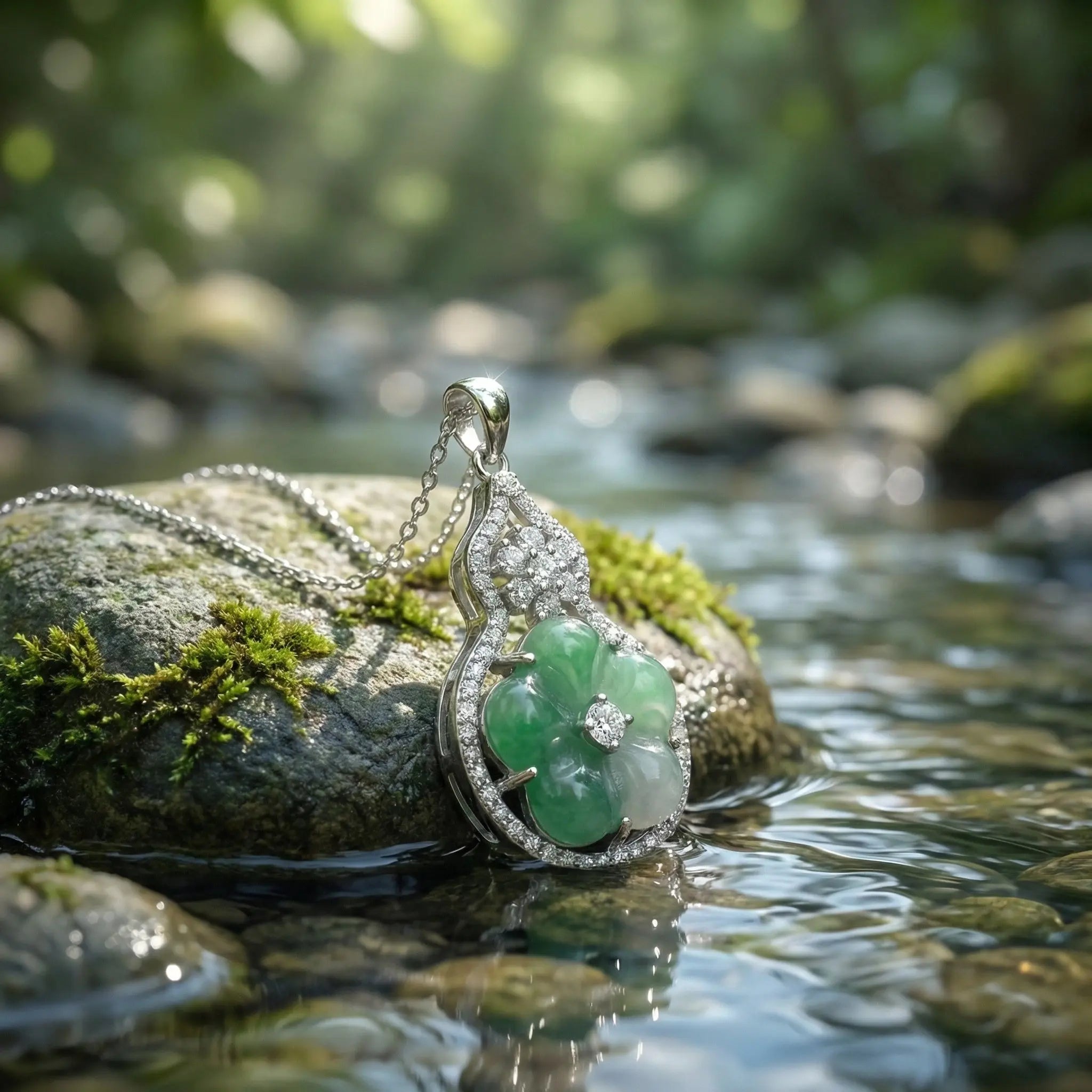 925 Sterling Silver Elegant Green Jadeite Flower Pendant Necklace in a Diamond-Encrusted Gourd Frame NP Collection