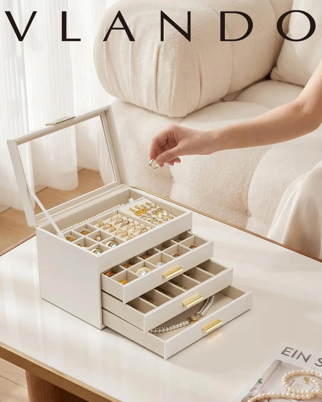 4-Layer Jewelry Storage Case with Glass Lid, Gold Handle, 3 Drawers - Cloud White