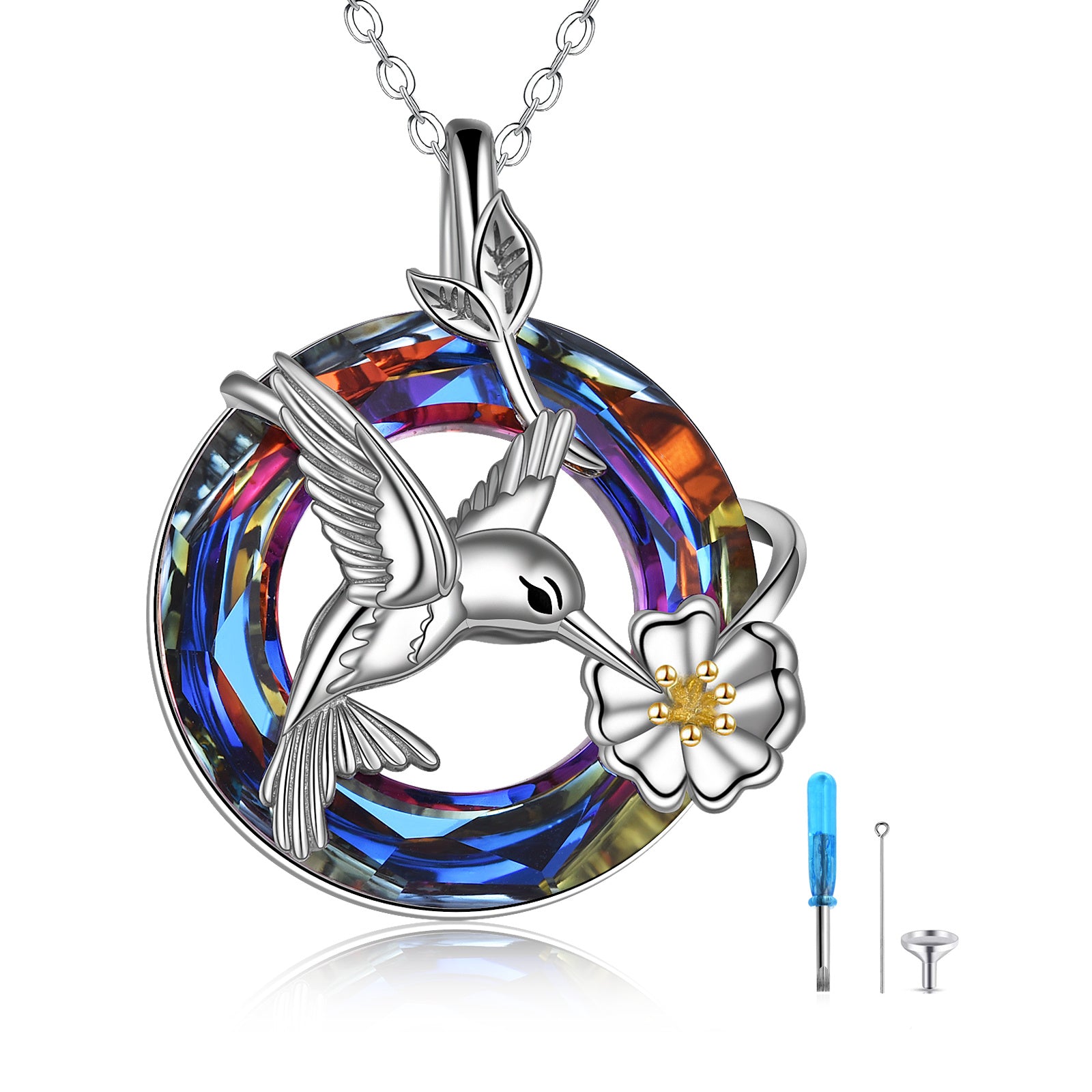 Hummingbird Urn Necklace for Ashes with Crystal Sterling Silver