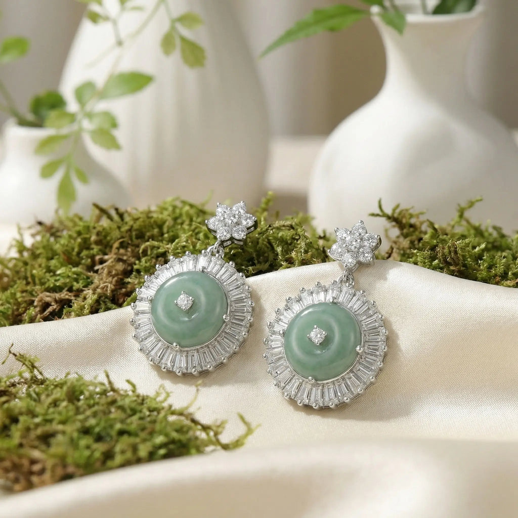 925 Sterling Silver Elegant Jade and CZ Halo Drop Earrings with Star Accents