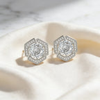 925 Sterling Silver Elegant Geometric Hexagon Stud Earrings with Round-Cut Center Stone and Pavé Halo