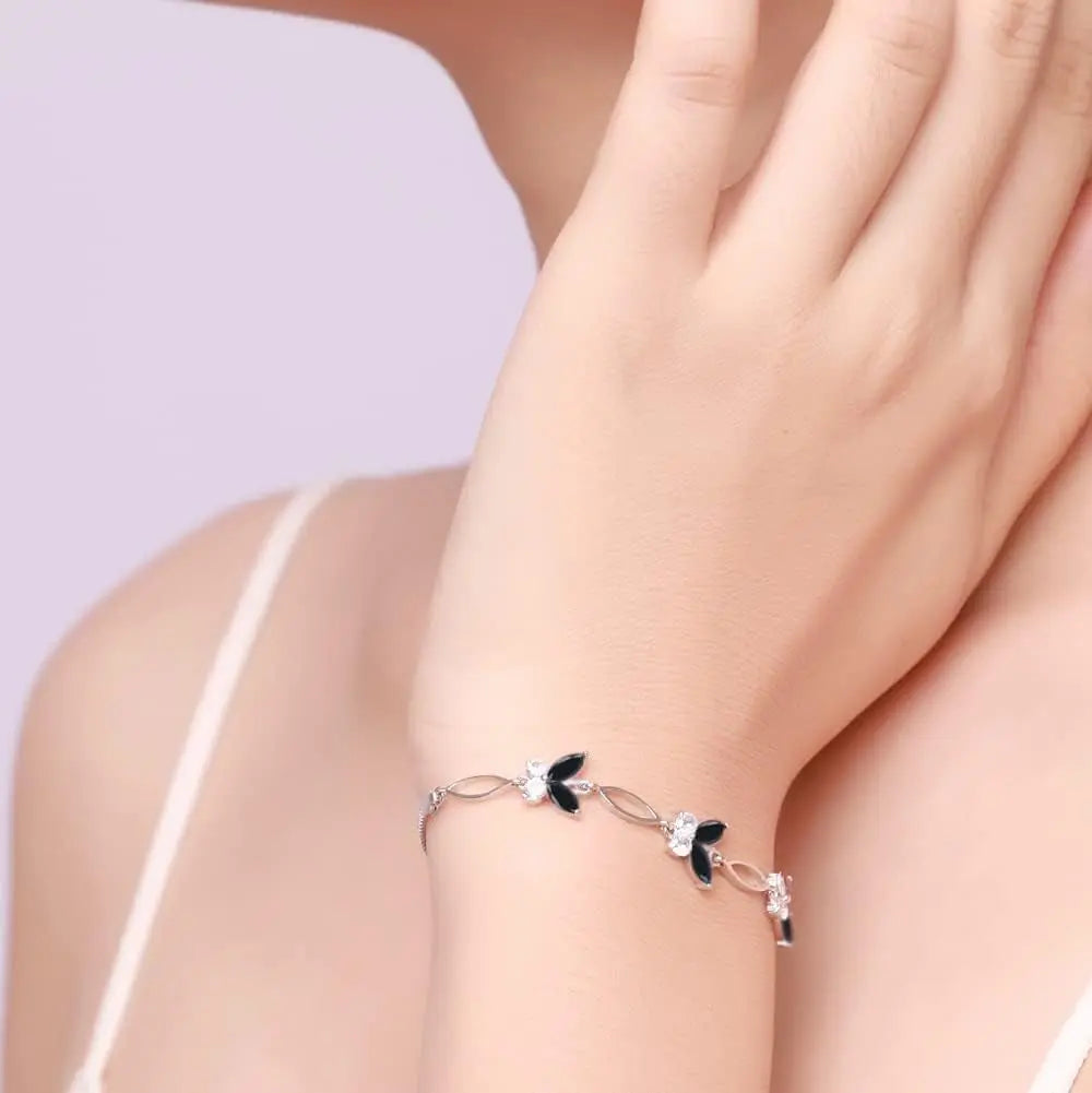 S925 Sterling Silver Purple Butterfly Bracelet, Adjustable 