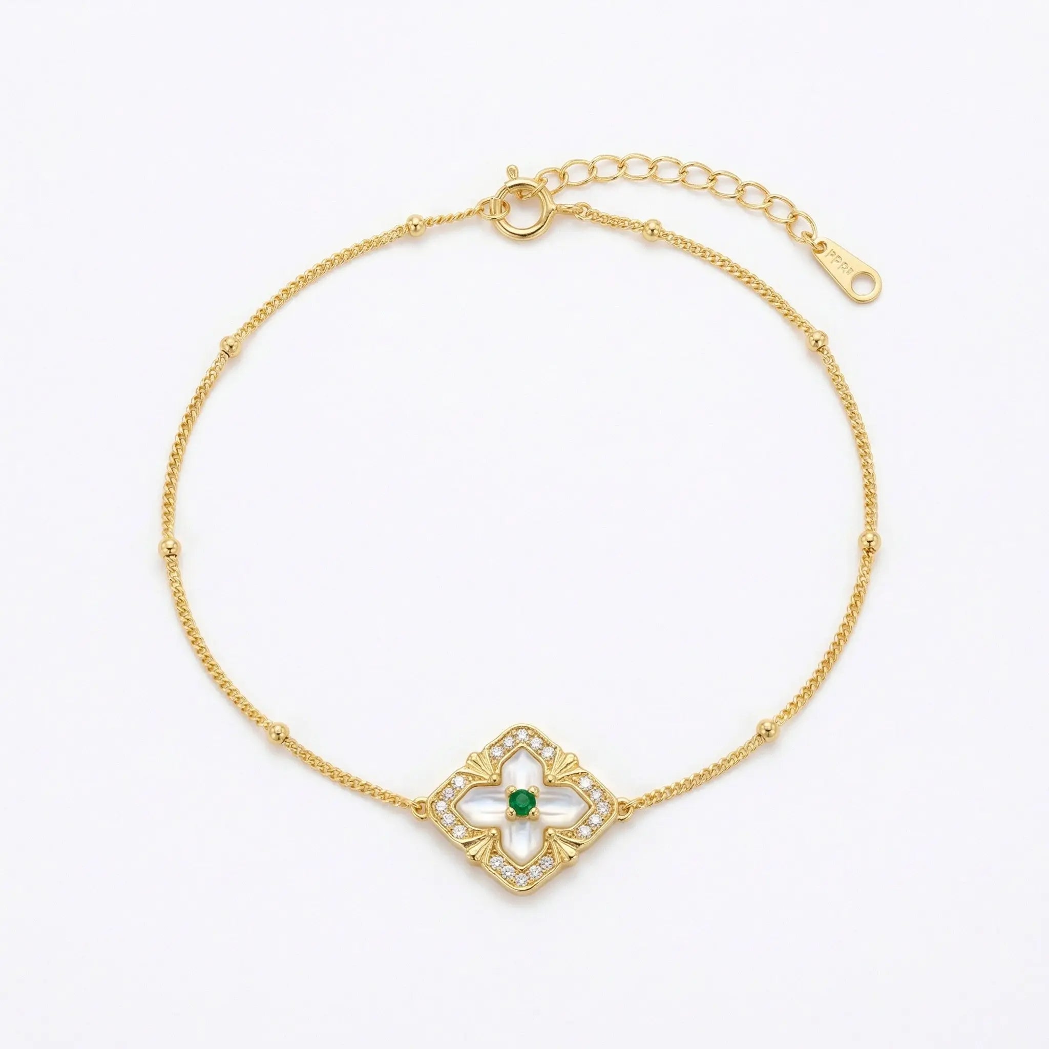 925 Sterling Silver Radiant Emerald and Mother of Pearl Quatrefoil Station Bracelet with Delicate Beading