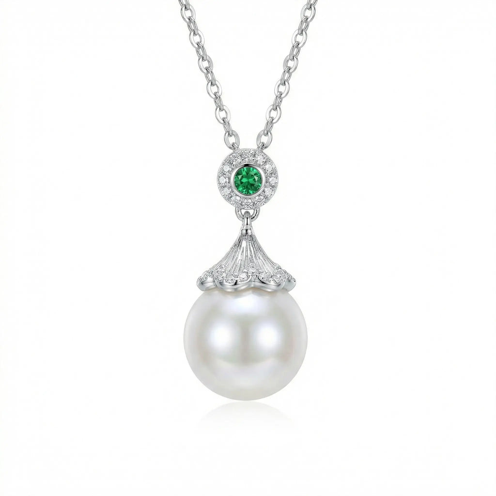 925 Sterling Silver Elegant White Pearl and Emerald Pendant Necklace with Sparkling Diamond Accents NP Collection