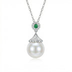 925 Sterling Silver Elegant White Pearl and Emerald Pendant Necklace with Sparkling Diamond Accents NP Collection