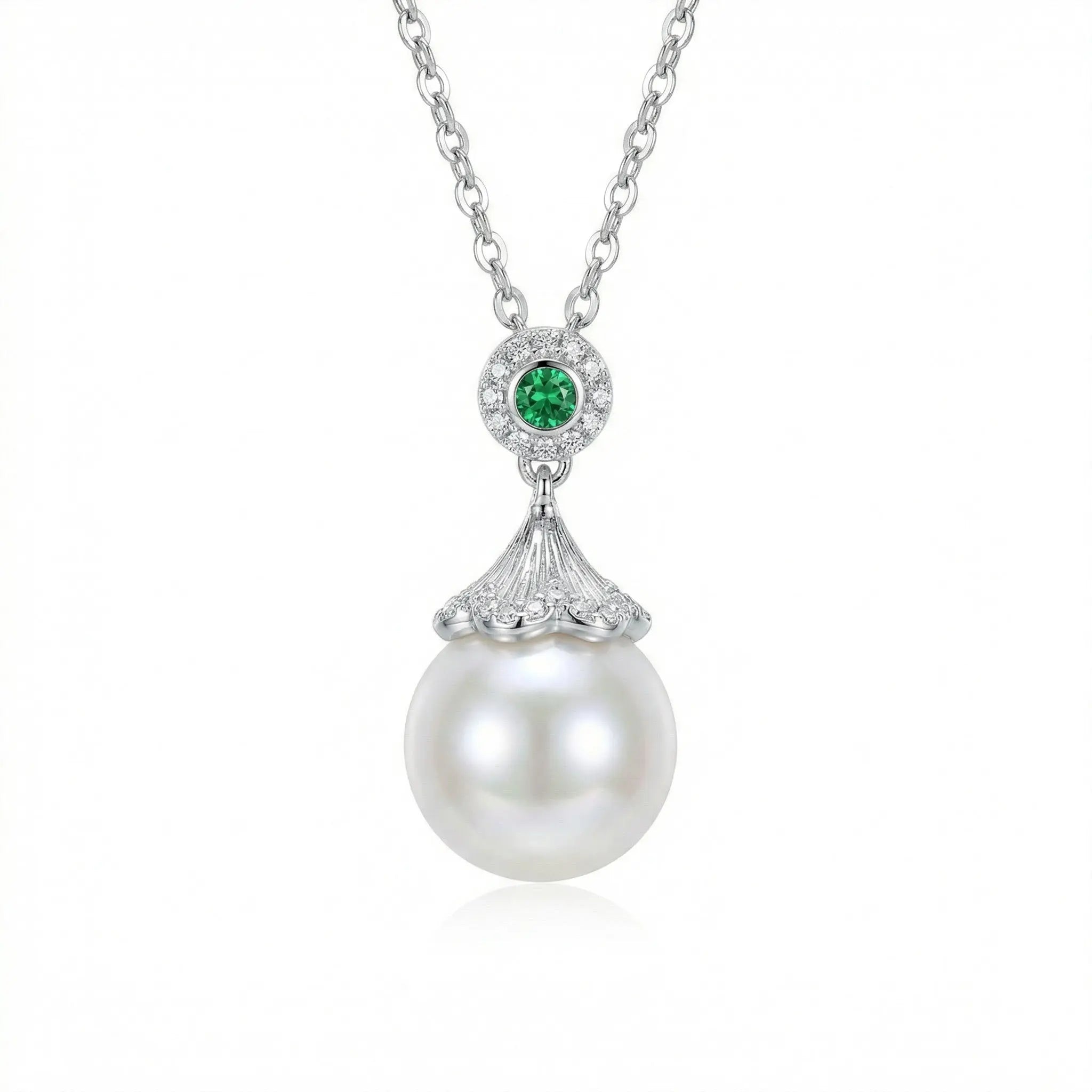 925 Sterling Silver Elegant White Pearl and Emerald Pendant Necklace with Sparkling Diamond Accents NP Collection