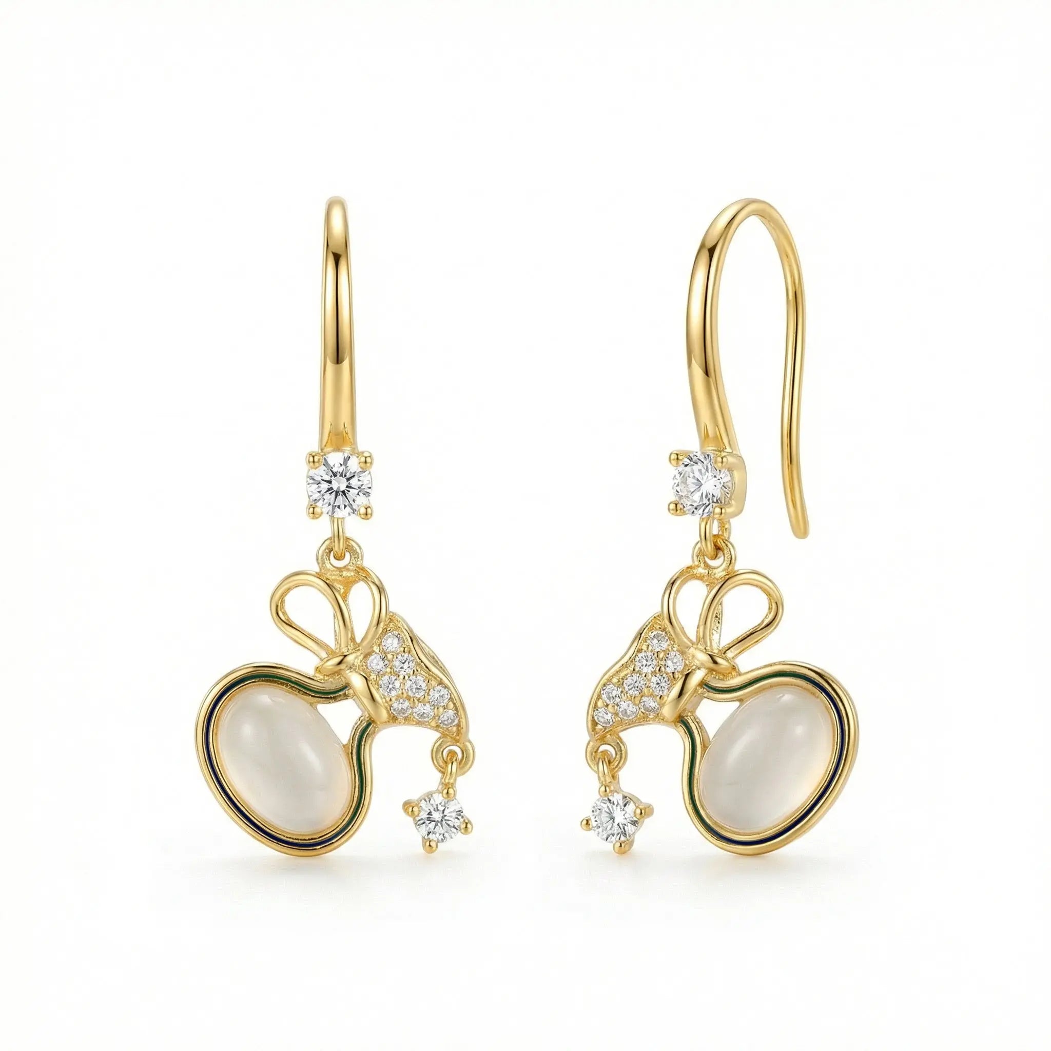 925 Sterling Silver Elegant Moonstone Gourd Drop Earrings with Shimmering Brilliant Accents