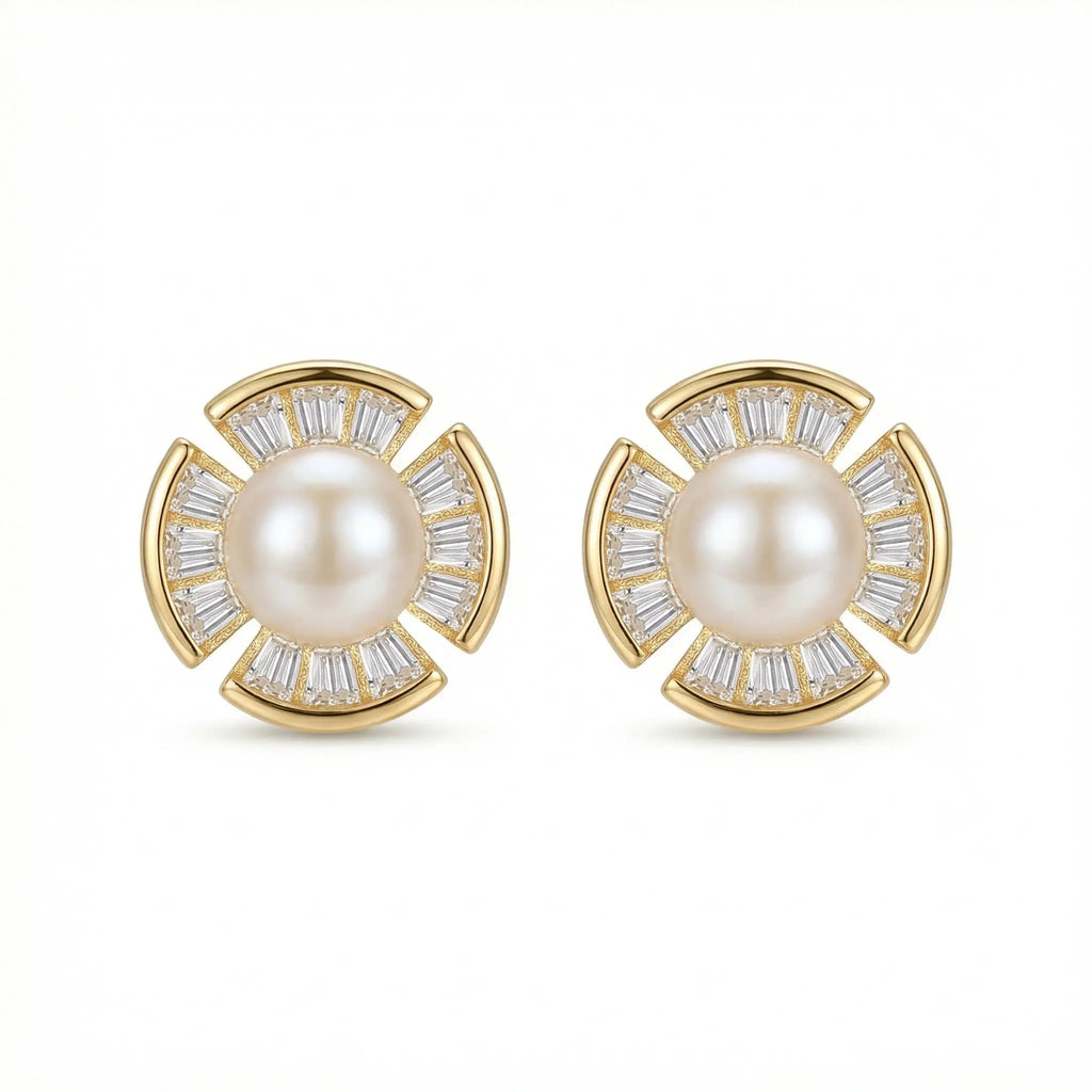 925 Sterling Silver Radiant Pearl and Baguette-Cut Fan-Shaped Stud Earrings
