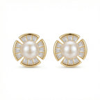 925 Sterling Silver Radiant Pearl and Baguette-Cut Fan-Shaped Stud Earrings