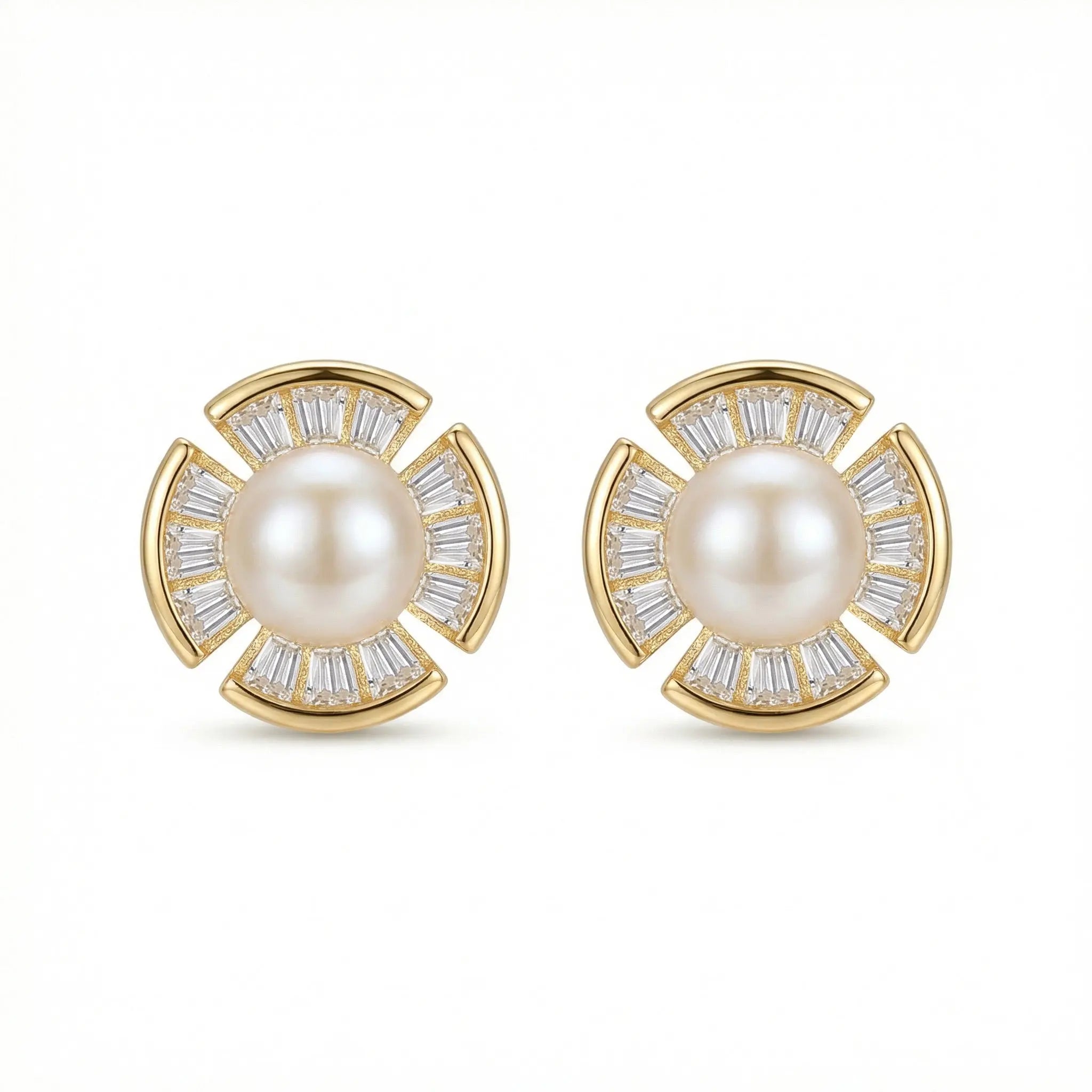 925 Sterling Silver Radiant Pearl and Baguette-Cut Fan-Shaped Stud Earrings