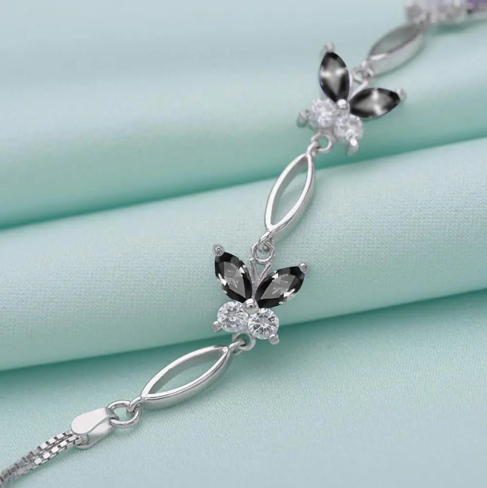 S925 Sterling Silver Purple Butterfly Bracelet, Adjustable 