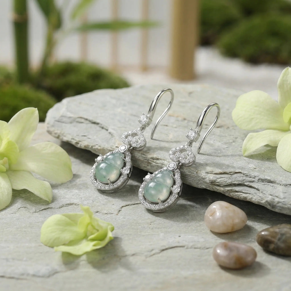 925 Sterling Silver Elegant Jadeite Gourd Drop Earrings with Shimmering Stone Accents in White Metal