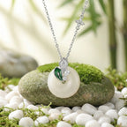 925 Sterling Silver Elegant White Round Pendant Necklace with Green Leaf Accents and Sparkling Silver Floral Chain NP Collection