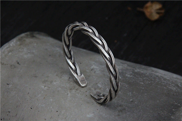 Vintage Woven Hemp Rope Bracelet in Sterling Silver S925
