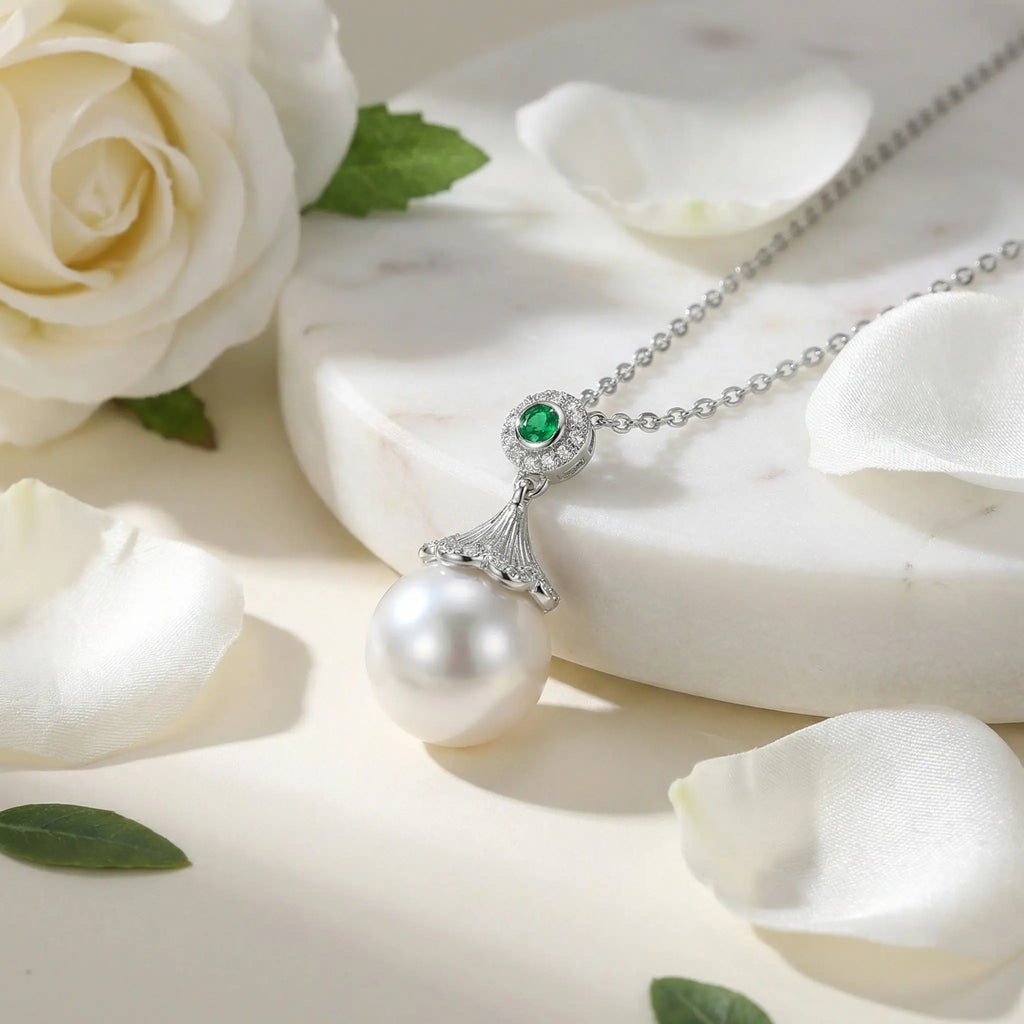 925 Sterling Silver Elegant White Pearl and Emerald Pendant Necklace with Sparkling Diamond Accents NP Collection