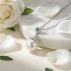 925 Sterling Silver Elegant White Pearl and Emerald Pendant Necklace with Sparkling Diamond Accents NP Collection