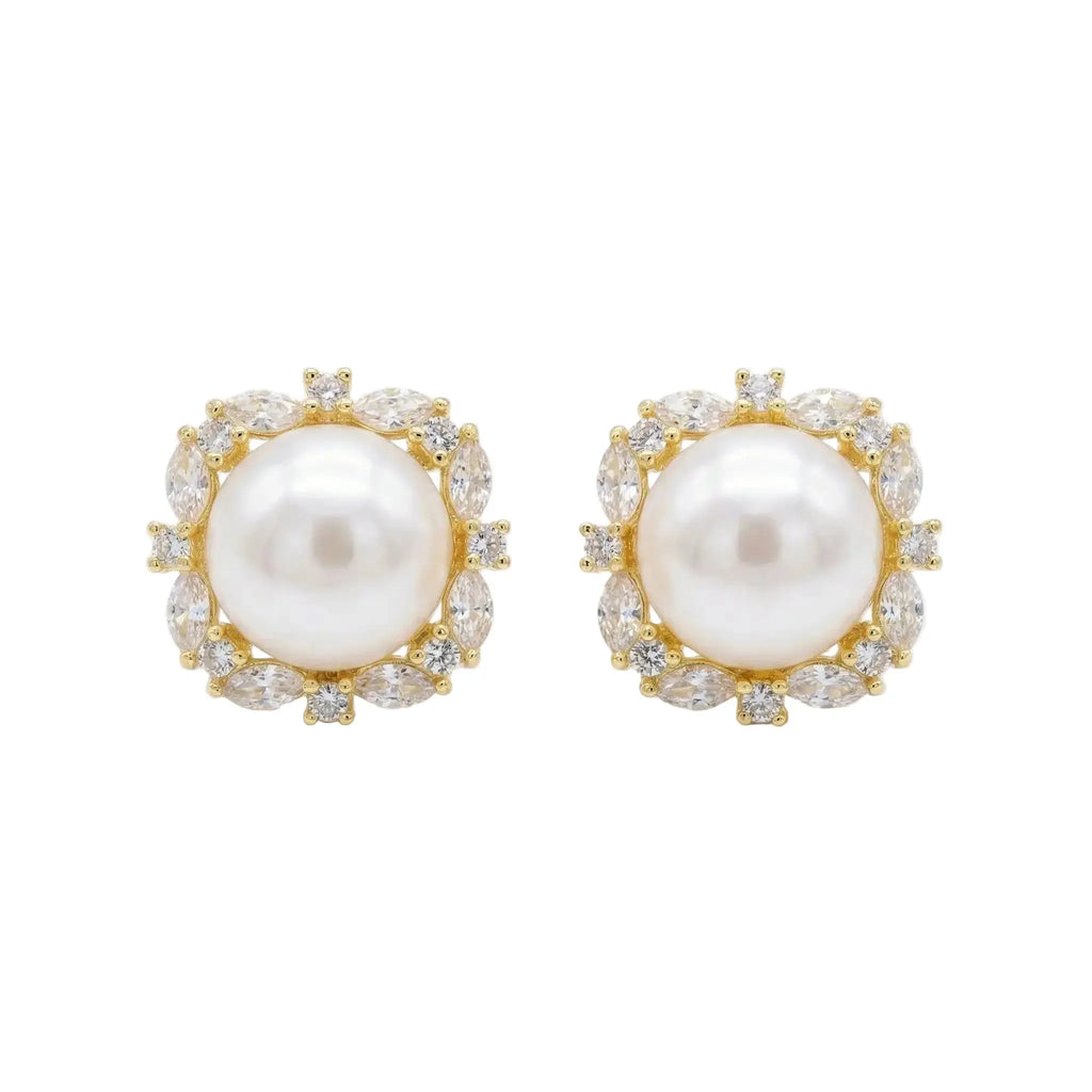 925 Sterling Silver Elegant White Pearl Stud Earrings with Marquise and Round Zirconia Square Halo Settings NP Collection