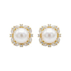 925 Sterling Silver Elegant White Pearl Stud Earrings with Marquise and Round Zirconia Square Halo Settings NP Collection