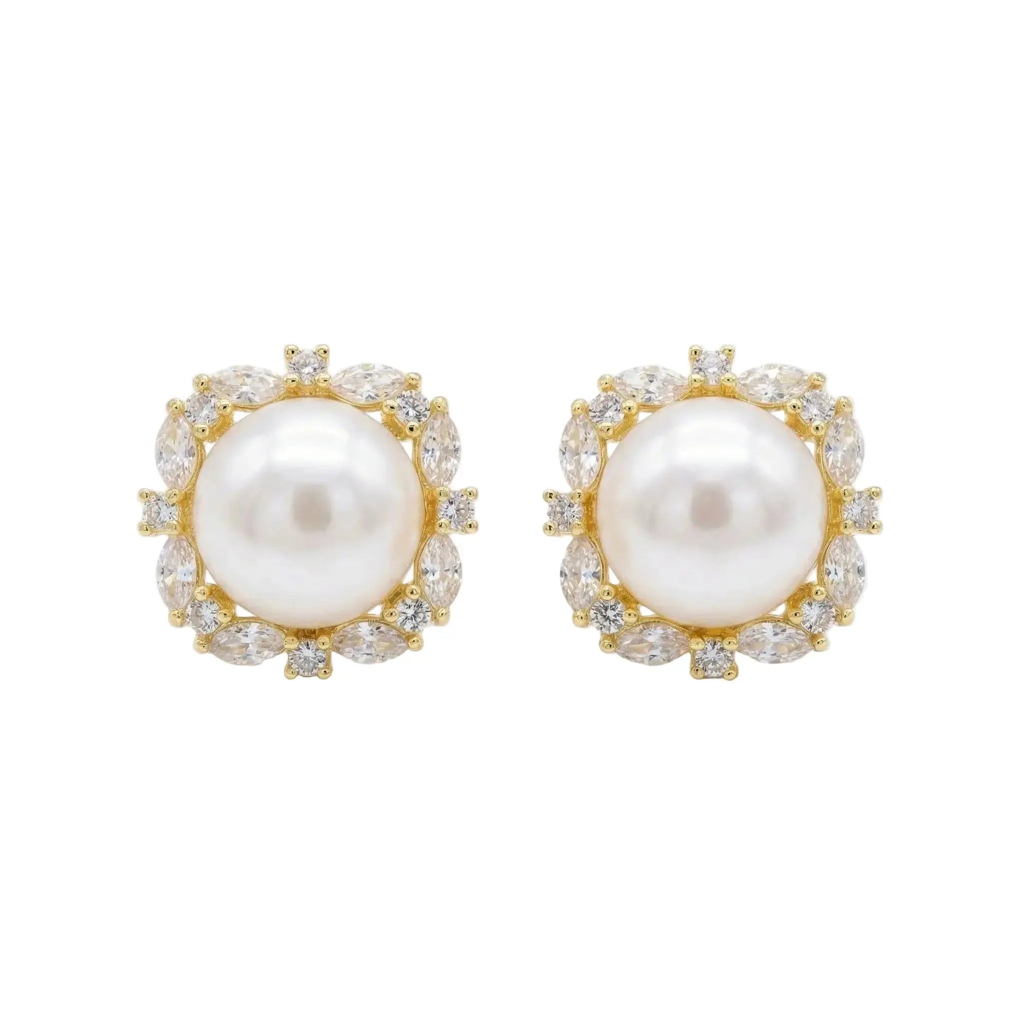925 Sterling Silver Elegant White Pearl Stud Earrings with Marquise and Round Zirconia Square Halo Settings NP Collection