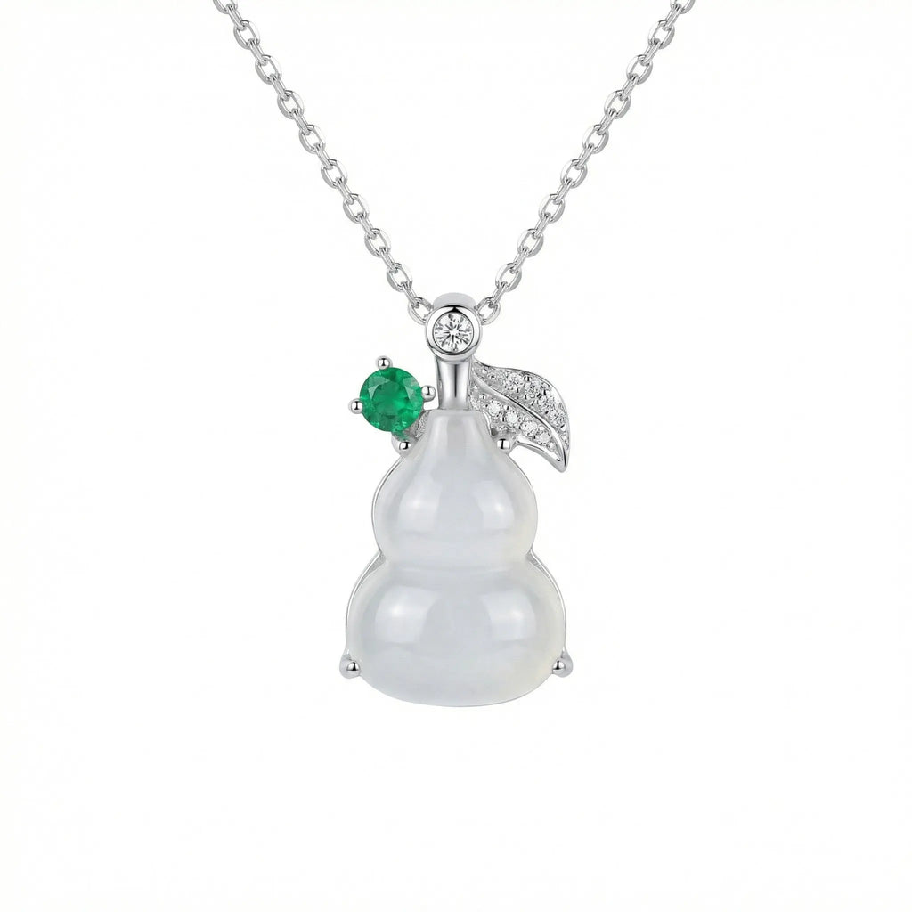 925 Sterling Silver Elegant Translucent White Hulu Pendant Necklace with Emerald and Diamond Accents NP Collection