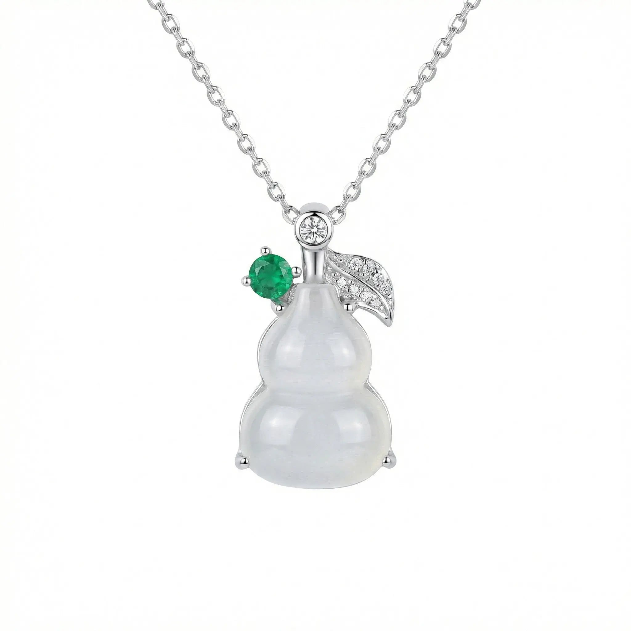 925 Sterling Silver Elegant Translucent White Hulu Pendant Necklace with Emerald and Diamond Accents NP Collection