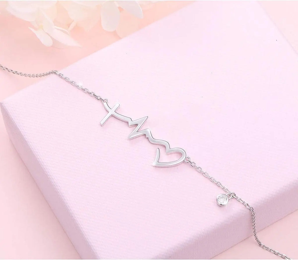 S925 Sterling Silver Faith Hope Love Cross Lifeline Heart Necklace Bracelet | Lifeline Heart Pendant Necklace Christian Jewelry Gifts for Women Inspirational Jewelry