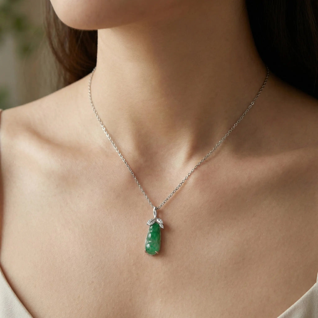 925 Sterling Silver Elegant Green Jadeite Pea Pod Pendant Necklace with Sparkling Accents NP Collection