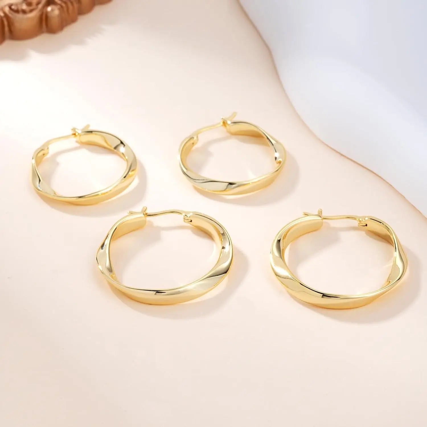 14K Gold Hoop Earrings Twisted Thick Wave Design
