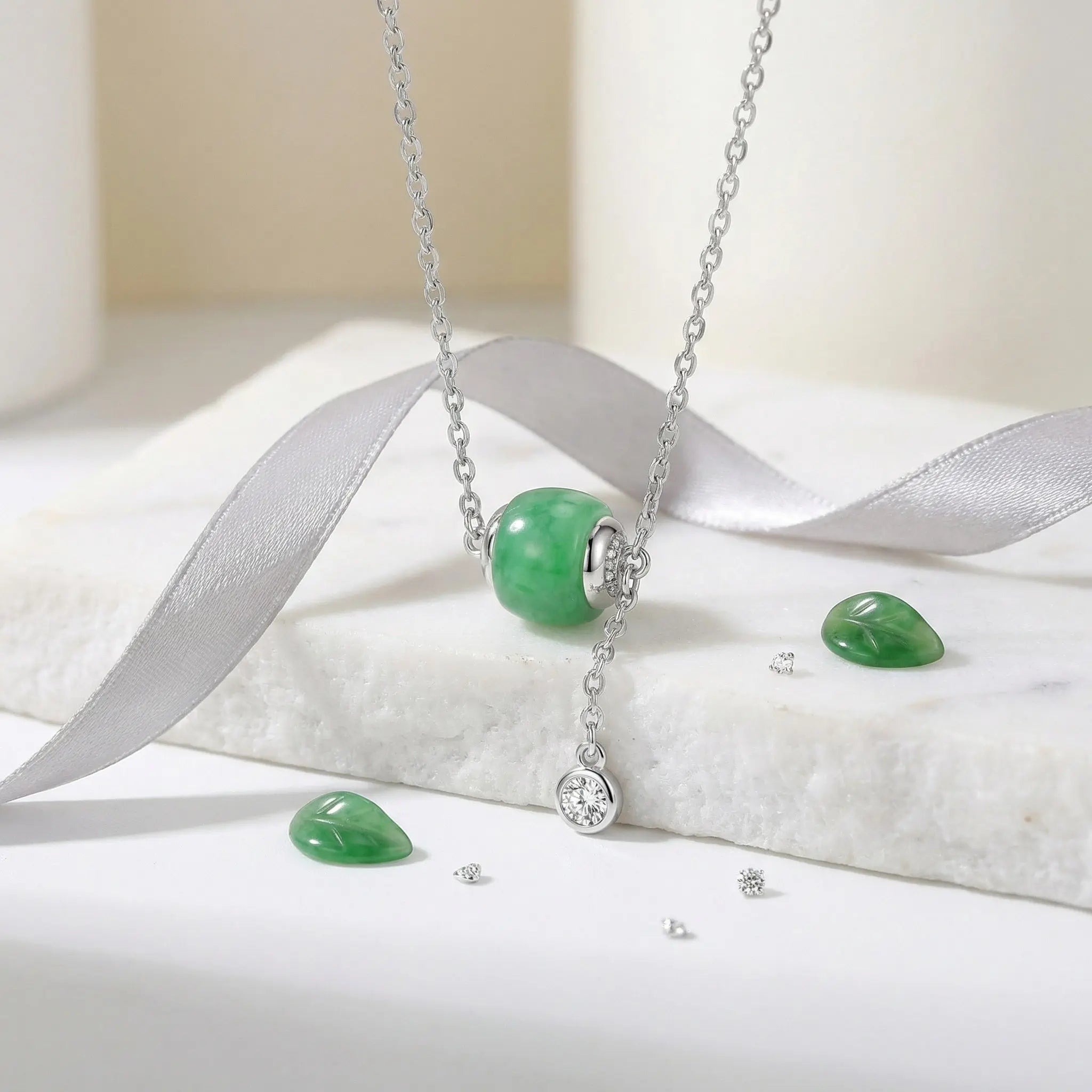 925 Sterling Silver Elegant Green Jadeite Barrel Necklace with Sparkling Crystal Drop Accent NP Collection