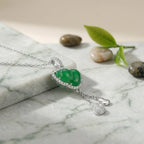 925 Sterling Silver Elegant Green Jadeite Gourd Pendant Necklace with Shimmering Diamond Halo and Charms NP Collection
