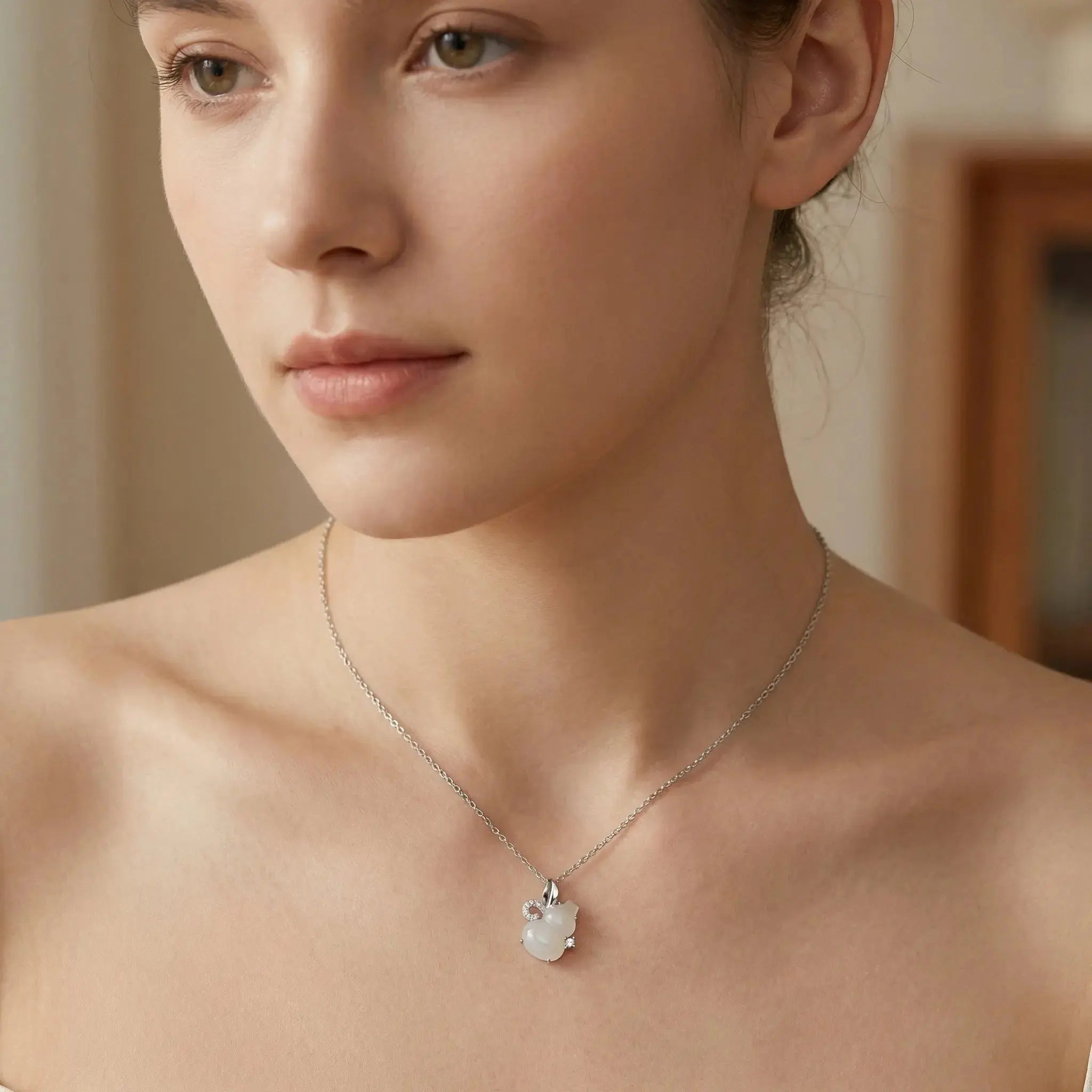925 Sterling Silver Elegant White Gourd Pendant Necklace with Shimmering Silver Accents NP Collection
