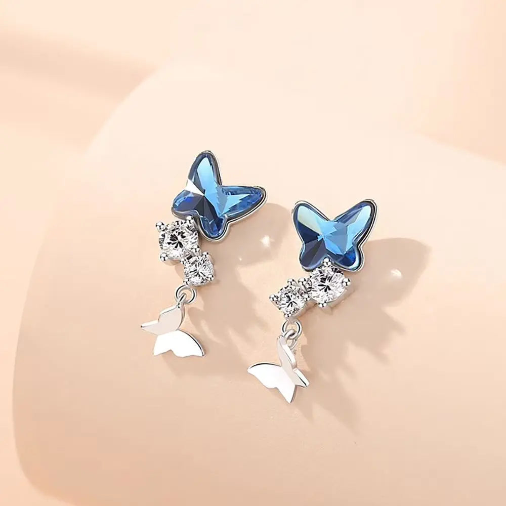 Butterfly Drop Earrings Blue Crystal Sterling Silver
