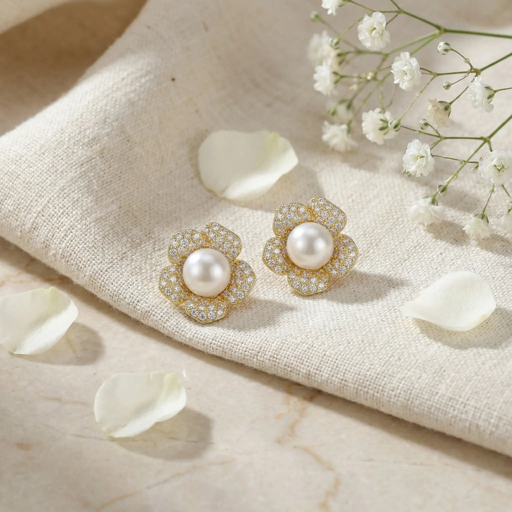 925 Sterling Silver Elegant Flower-Shaped Cultured Pearl and Sparkling Cubic Zirconia Stud Earrings NP Collection