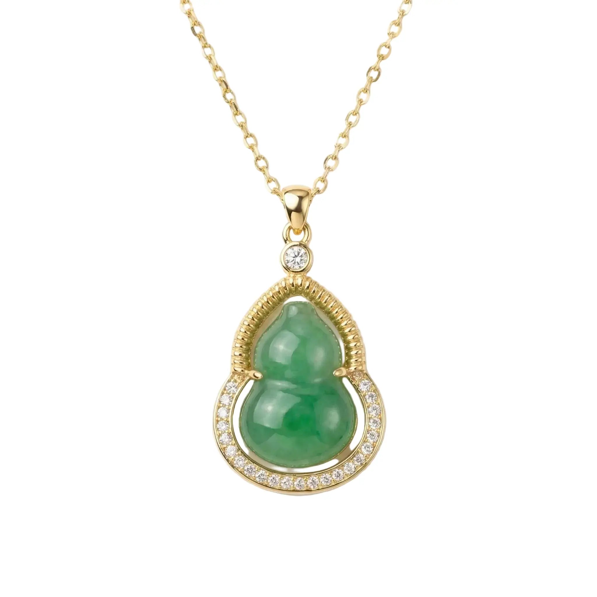 925 Sterling Silver Radiant Green Jadeite Hulu Necklace Featuring Ornate Metalwork and Glistening Gems NP Collection