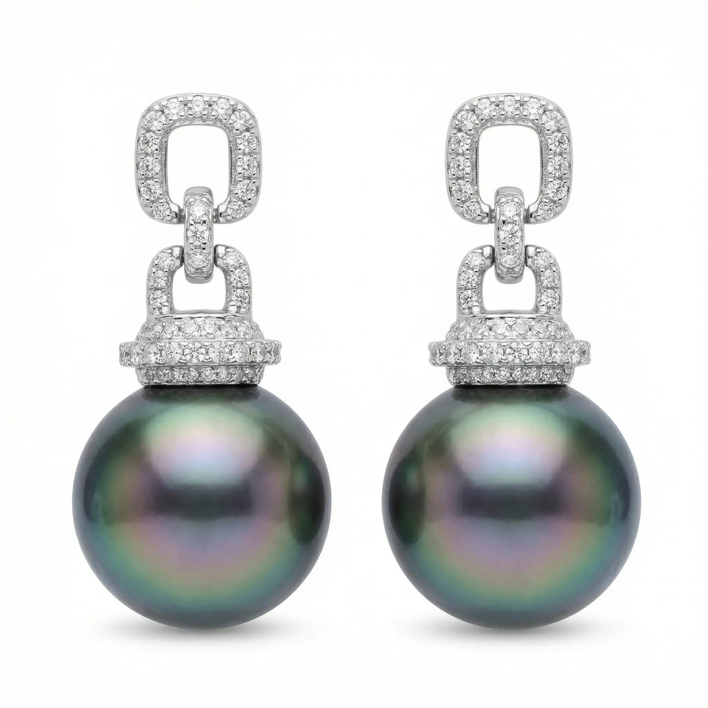 925 Sterling Silver Elegant Tahitian Black Pearl and CZ Geometric Link Drop Earrings
