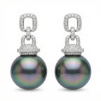 925 Sterling Silver Elegant Tahitian Black Pearl and CZ Geometric Link Drop Earrings