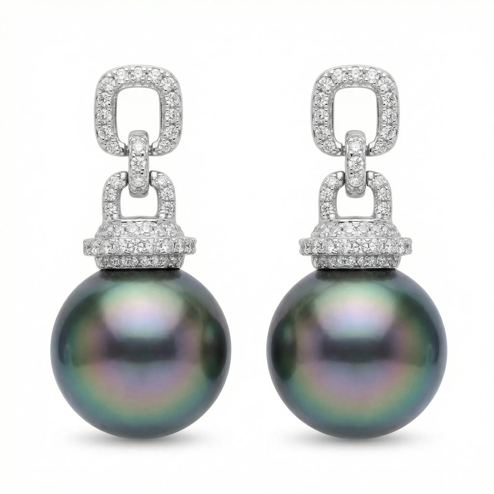 925 Sterling Silver Elegant Tahitian Black Pearl and CZ Geometric Link Drop Earrings