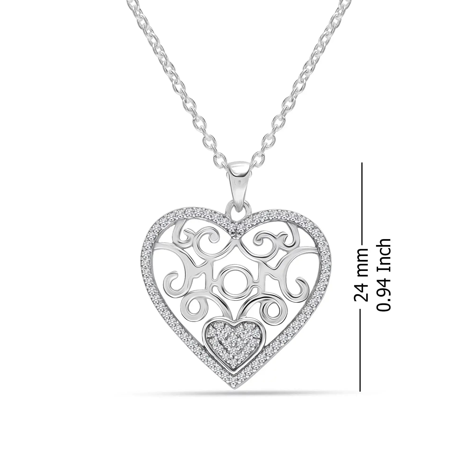 925 Sterling Silver Light-Weight CZ Filigree Heart Pendant Necklace 