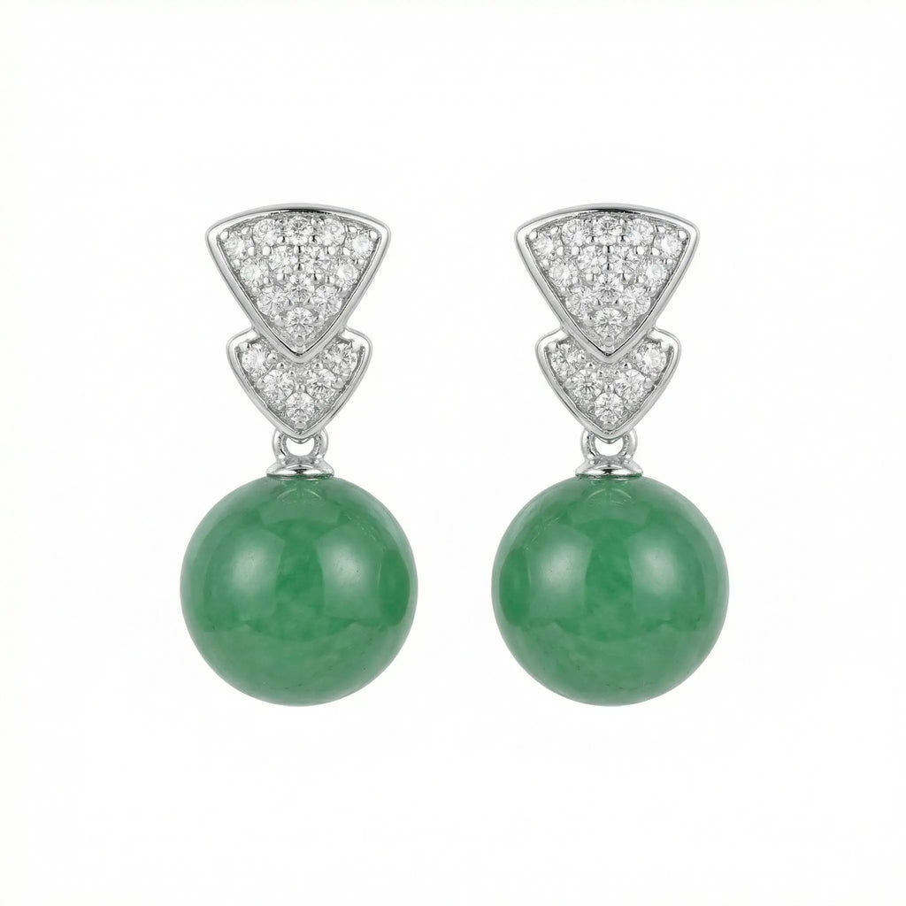 925 Sterling Silver Elegant Green Jadeite Round Bead Earrings with Brilliant Diamond-Accented Triangular Drops