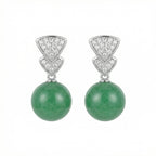 925 Sterling Silver Elegant Green Jadeite Round Bead Earrings with Brilliant Diamond-Accented Triangular Drops