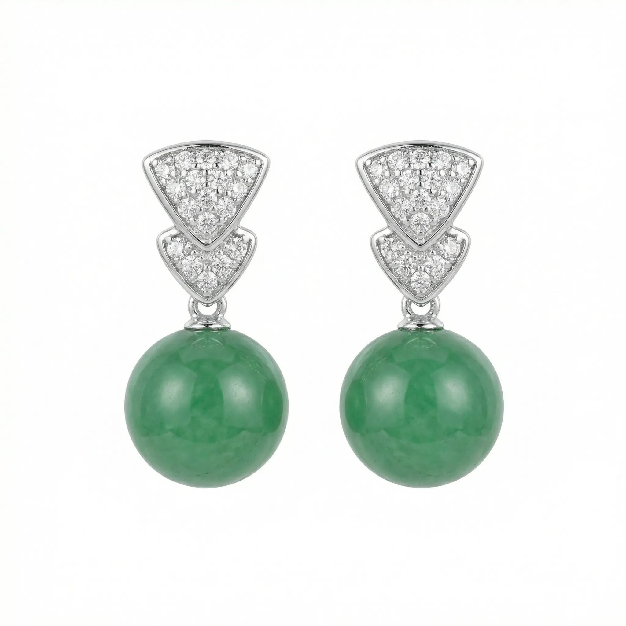 925 Sterling Silver Elegant Green Jadeite Round Bead Earrings with Brilliant Diamond-Accented Triangular Drops