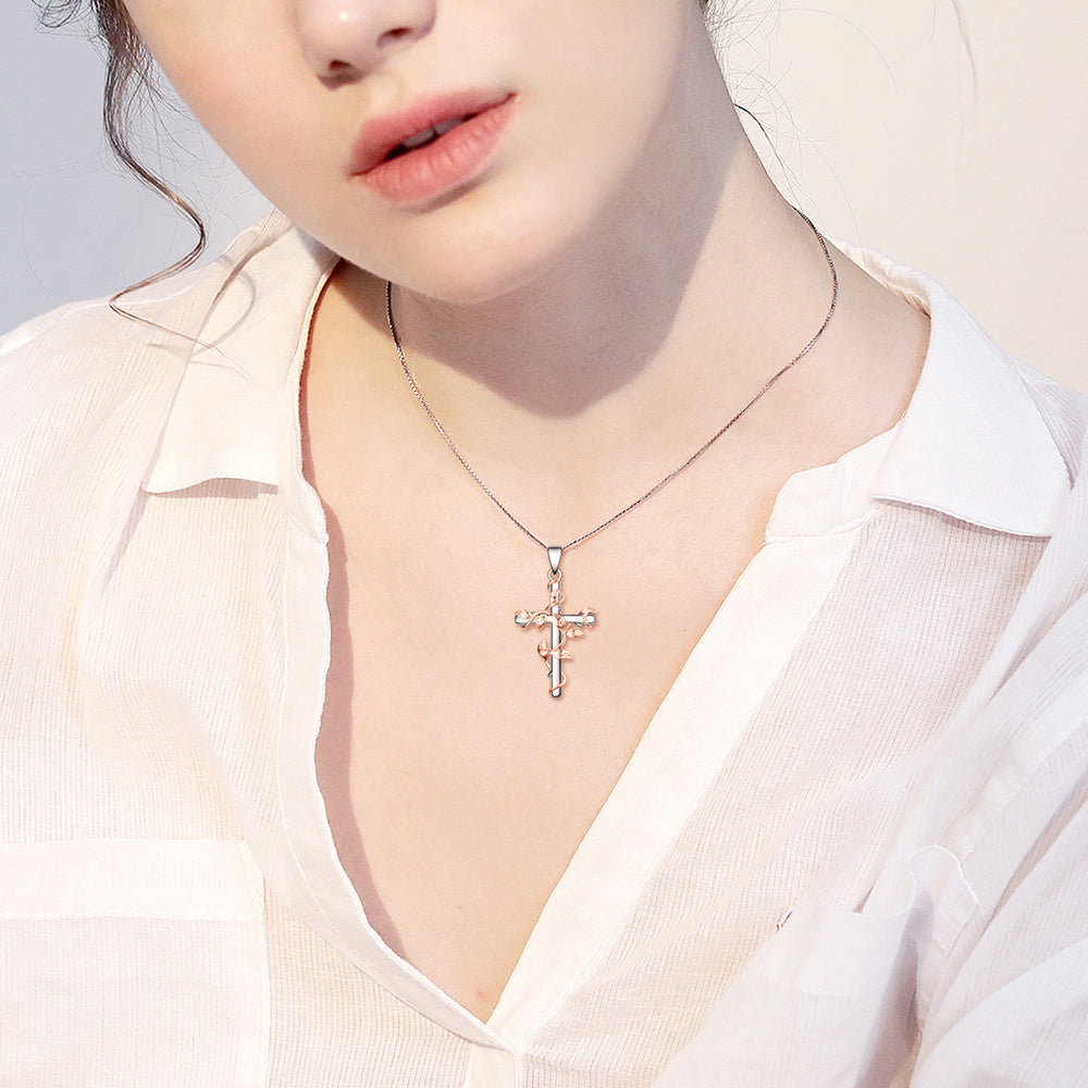 Sterling Silver Rose Flower Cross Pendant Necklace