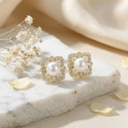 925 Sterling Silver Elegant Lustrous Pearl Earrings Studs with Ornate Geometric Gemstone Halo Frame NP Collection