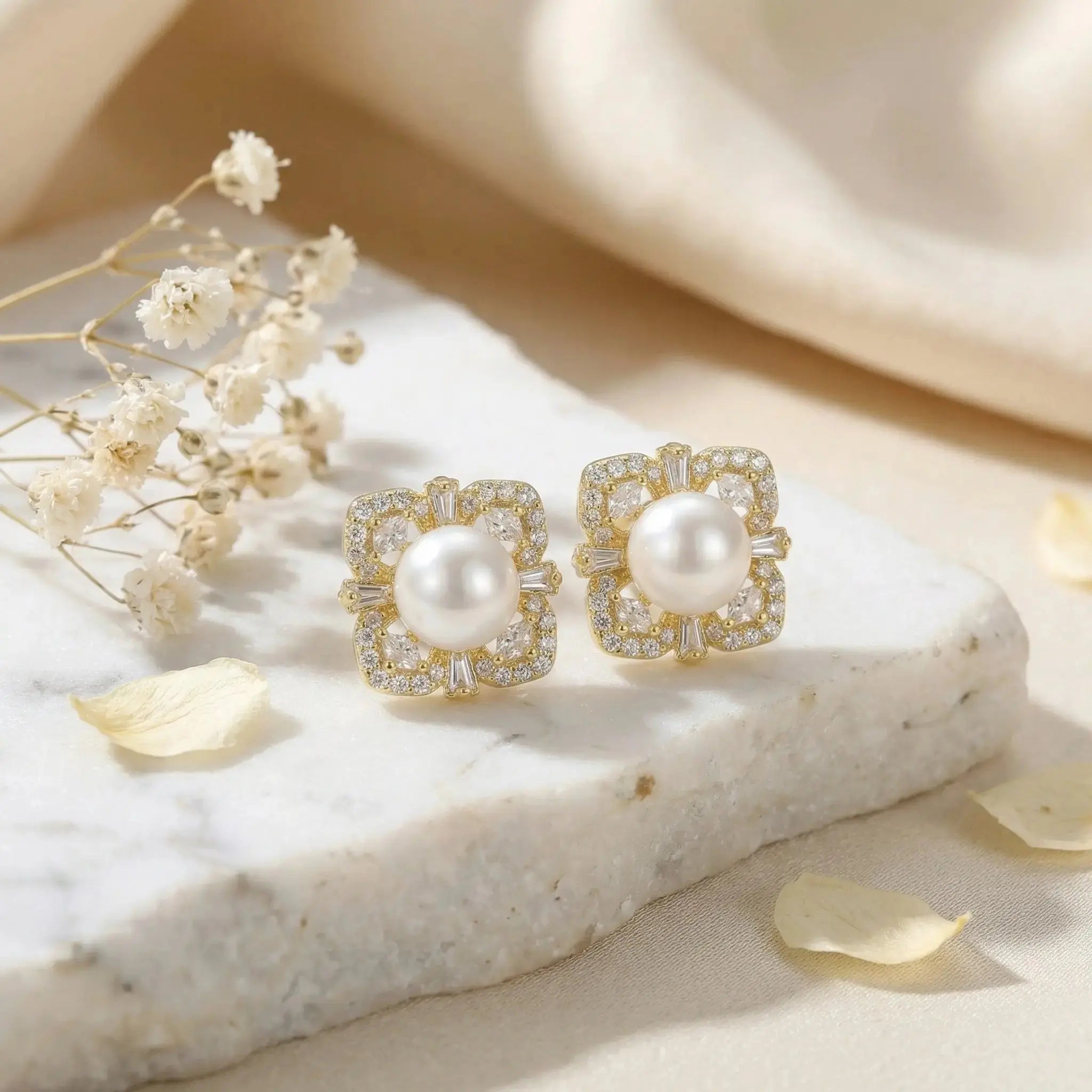 925 Sterling Silver Elegant Lustrous Pearl Earrings Studs with Ornate Geometric Gemstone Halo Frame NP Collection