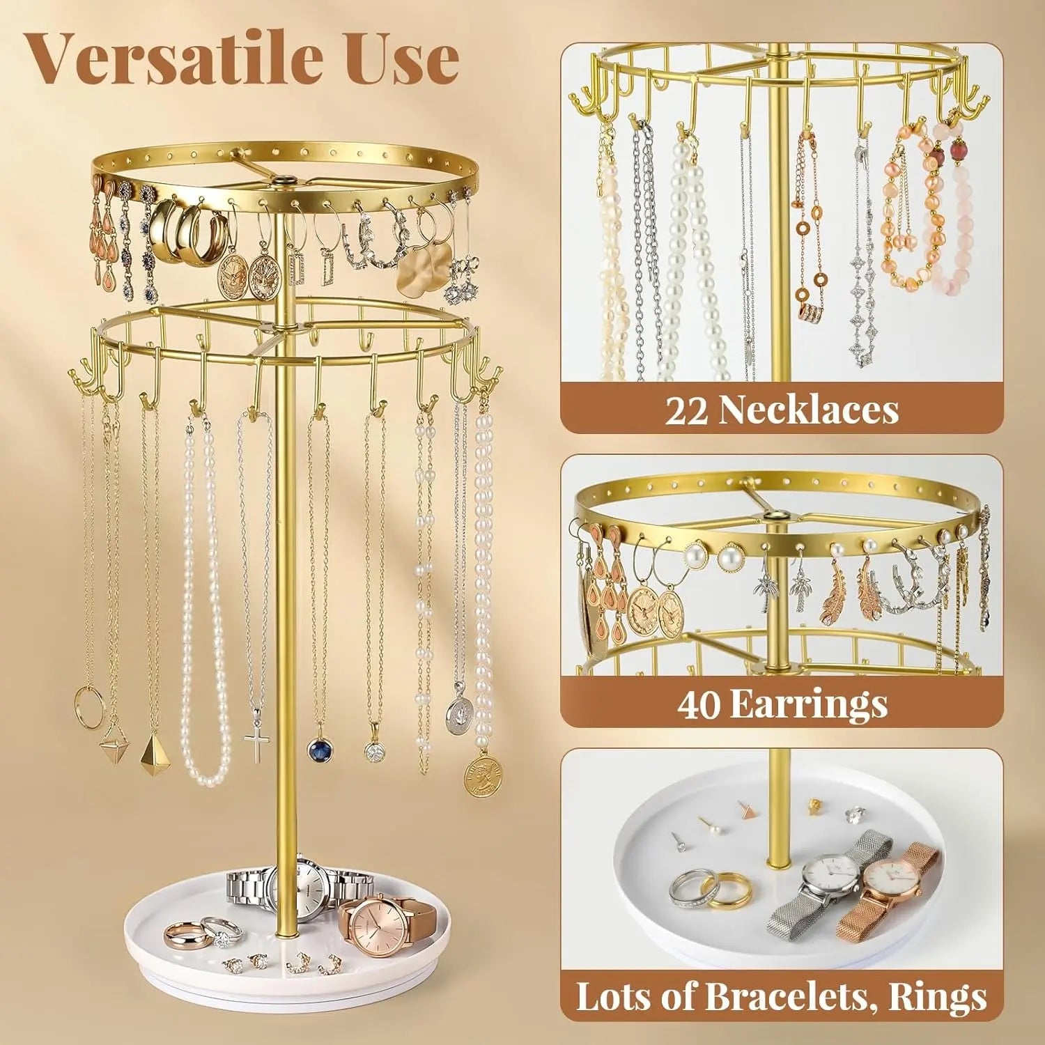 Necklace Holder 360° Rotating 3-Tier Jewelry Stand Display