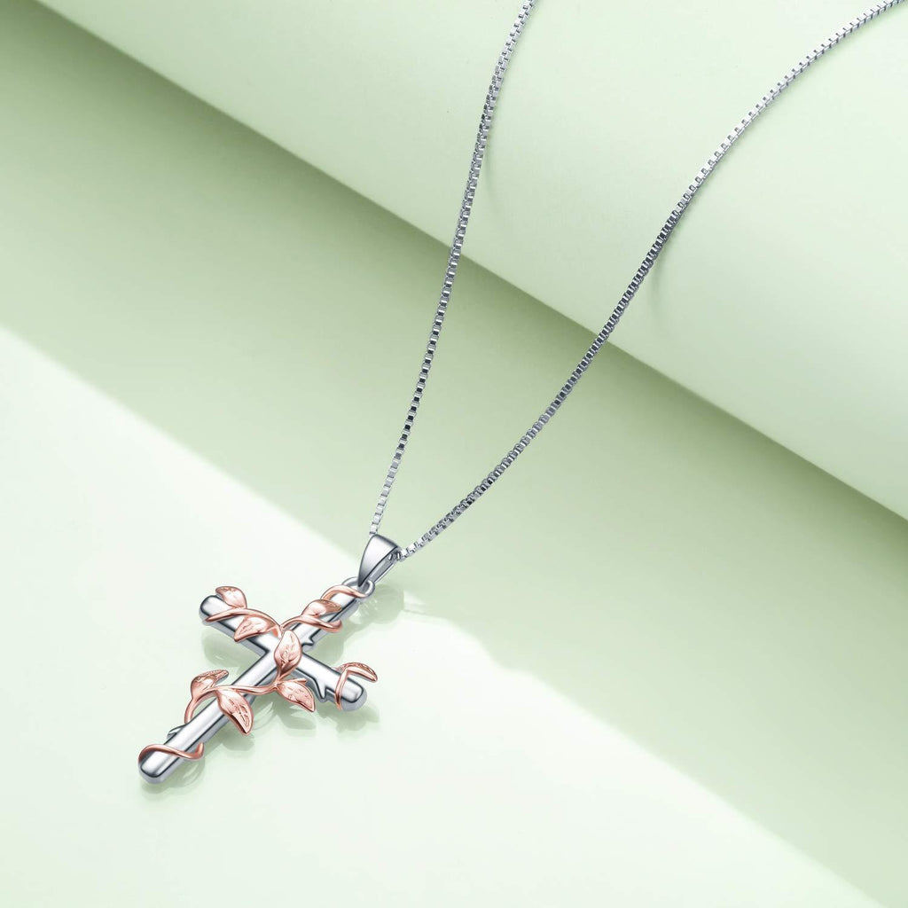 Sterling Silver Rose Flower Cross Pendant Necklace