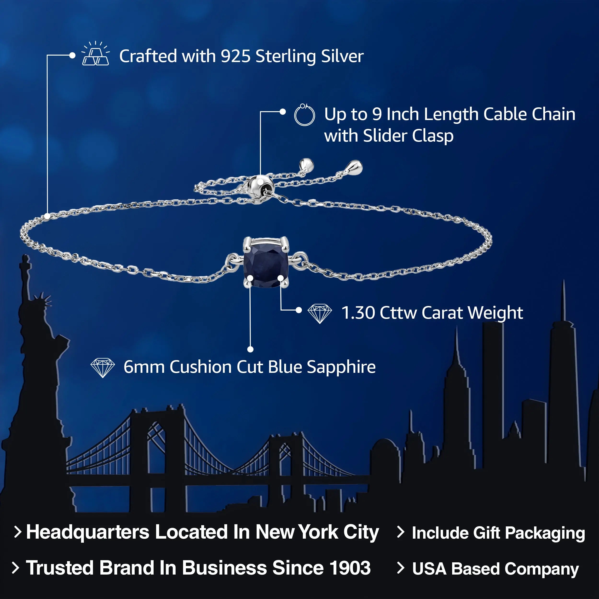 925 Sterling Silver Blue Sapphire Solitaire Bracelet 