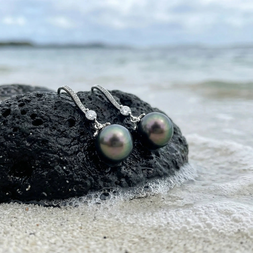 925 Sterling Silver Sophisticated Tahitian Black Pearl Drop Earrings with Shimmering Accents in Elegant Silver Tones